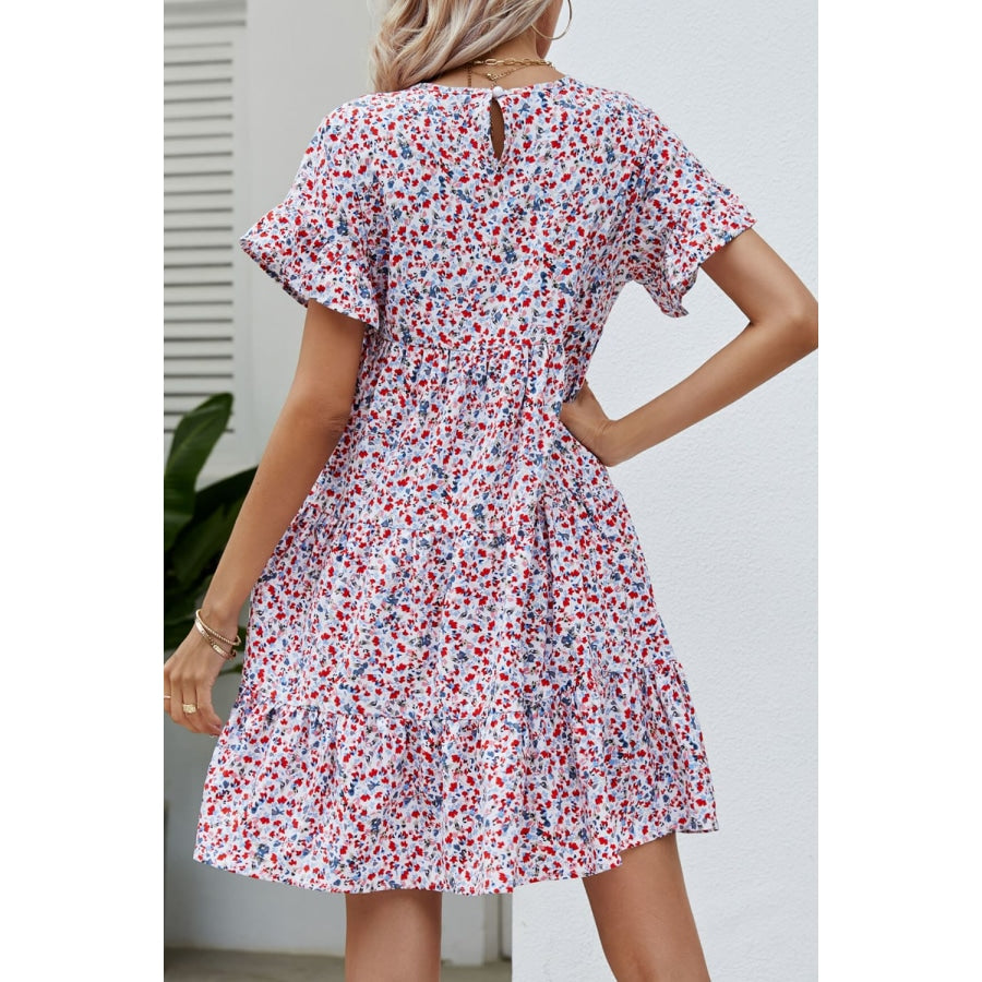 Ditsy Floral Flounce Sleeve Tiered Dress