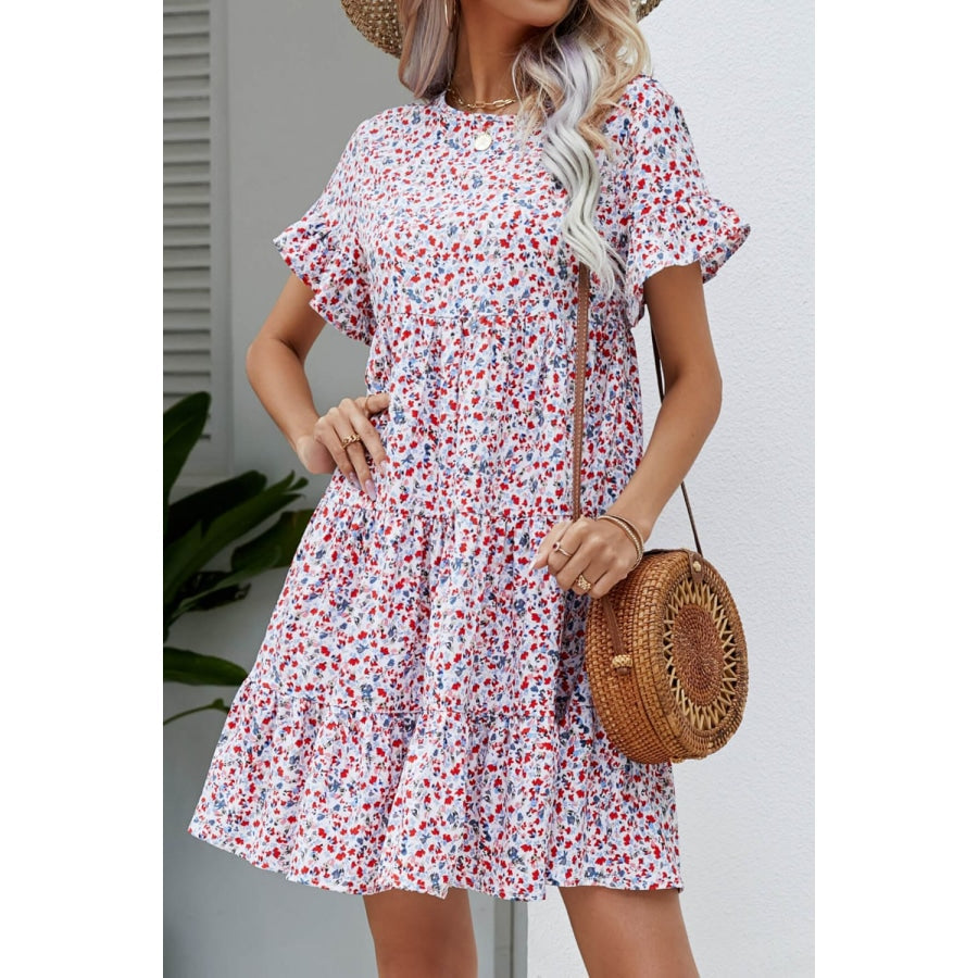 Ditsy Floral Flounce Sleeve Tiered Dress