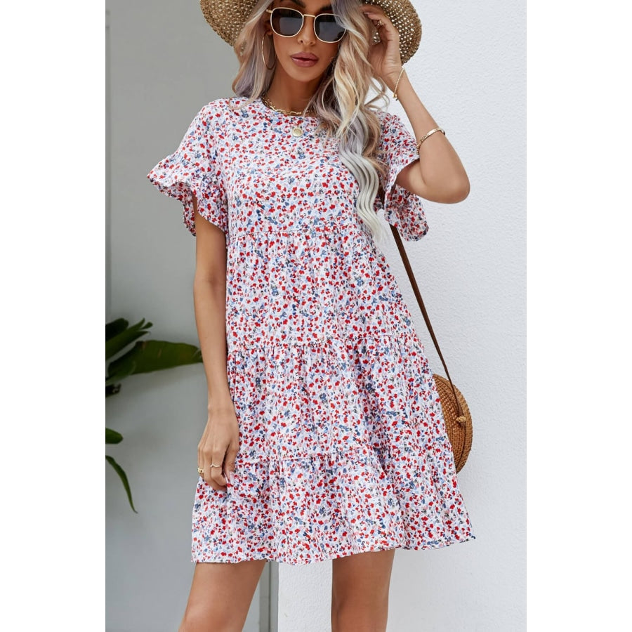 Ditsy Floral Flounce Sleeve Tiered Dress