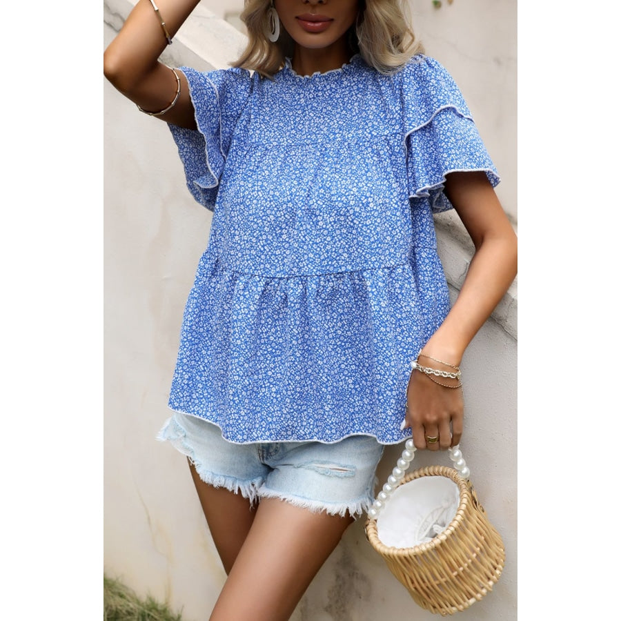 Ditsy Floral Layered Flutter Sleeve Blouse Sky Blue / S