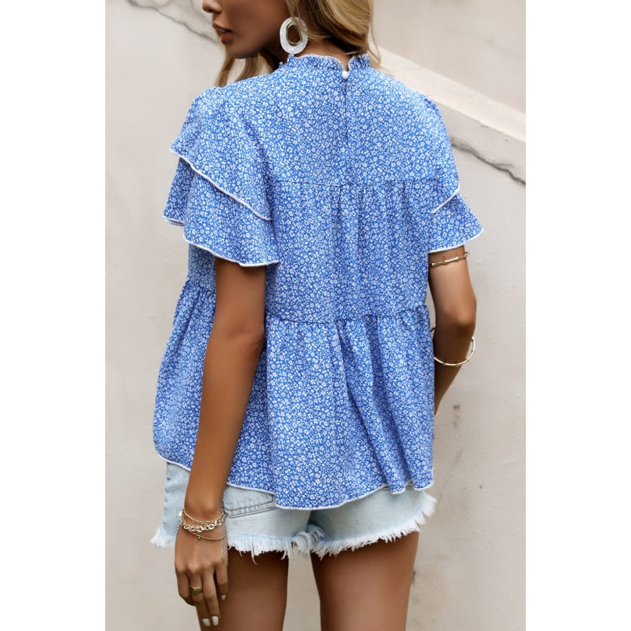 Ditsy Floral Layered Flutter Sleeve Blouse Sky Blue / S