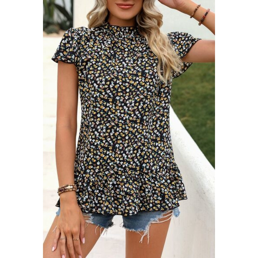 Ditsy Floral Mock Neck Short Sleeve T-Shirt Black / S Clothing