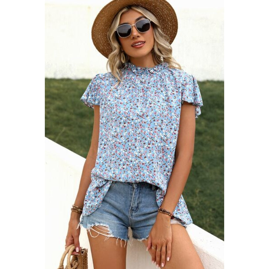 Ditsy Floral Mock Neck Short Sleeve T-Shirt Clothing