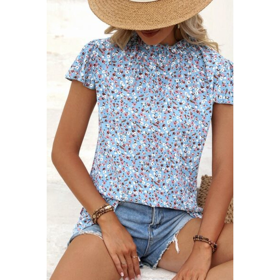 Ditsy Floral Mock Neck Short Sleeve T-Shirt Clothing