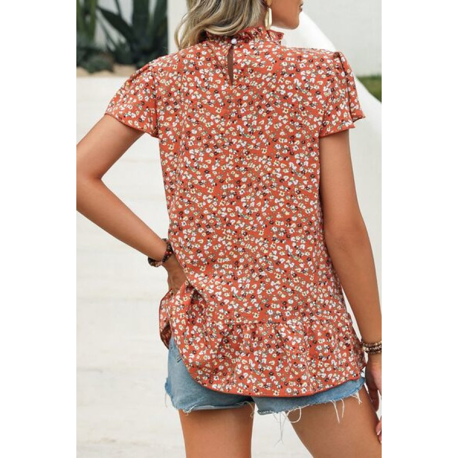 Ditsy Floral Mock Neck Short Sleeve T-Shirt Clothing