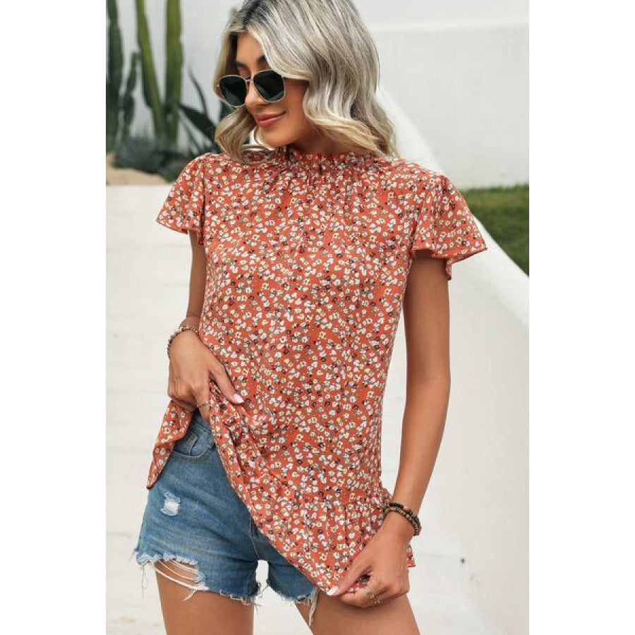 Ditsy Floral Mock Neck Short Sleeve T-Shirt Clothing