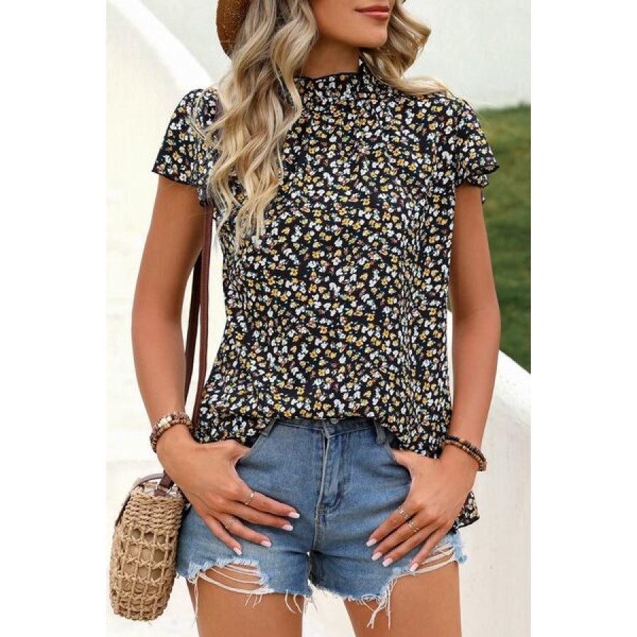 Ditsy Floral Mock Neck Short Sleeve T-Shirt Clothing