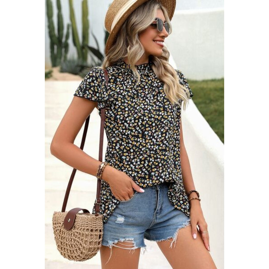 Ditsy Floral Mock Neck Short Sleeve T-Shirt Clothing