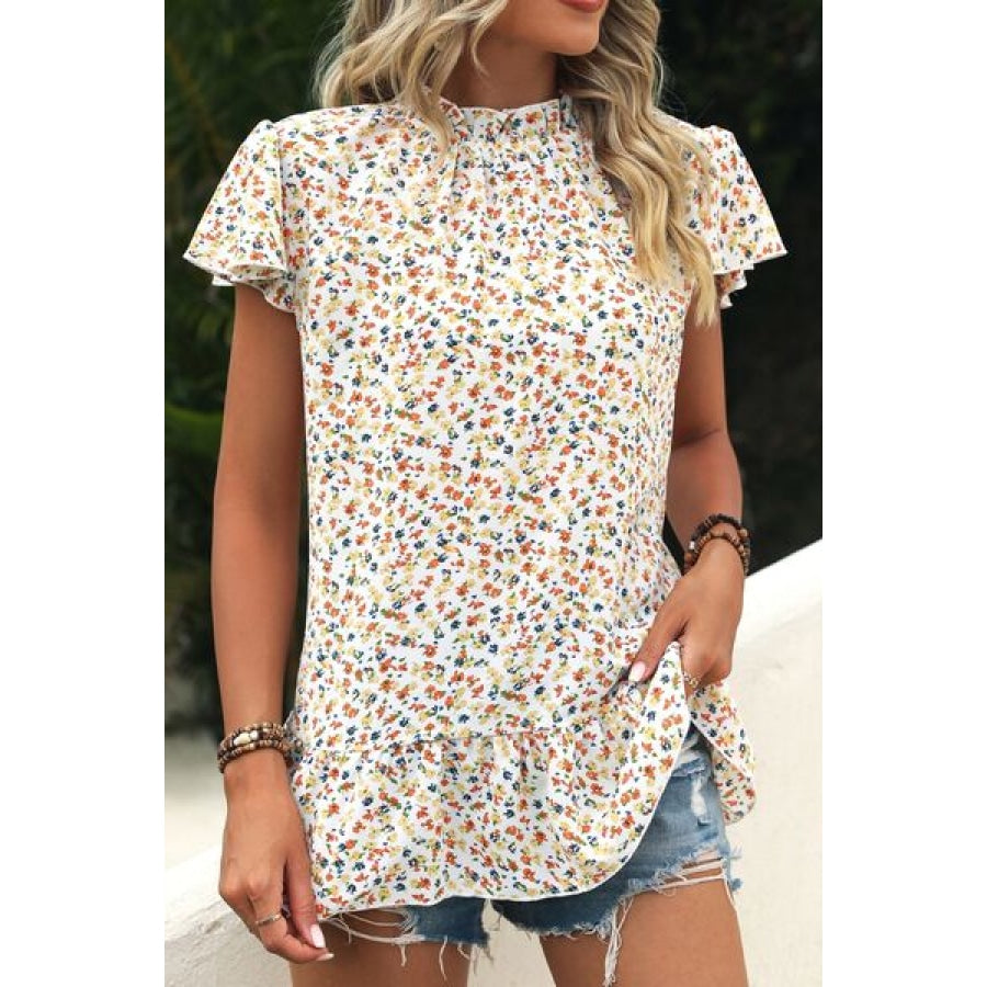 Ditsy Floral Mock Neck Short Sleeve T-Shirt Clothing