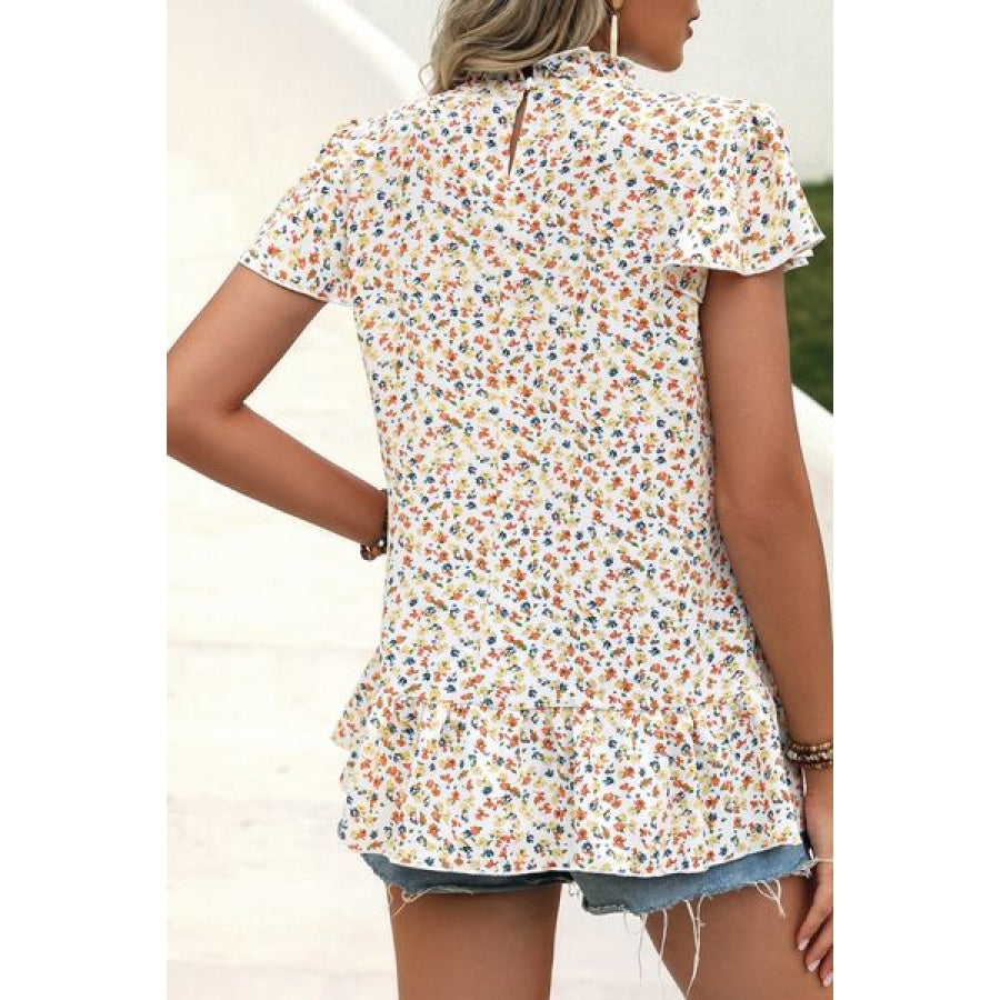 Ditsy Floral Mock Neck Short Sleeve T-Shirt Clothing