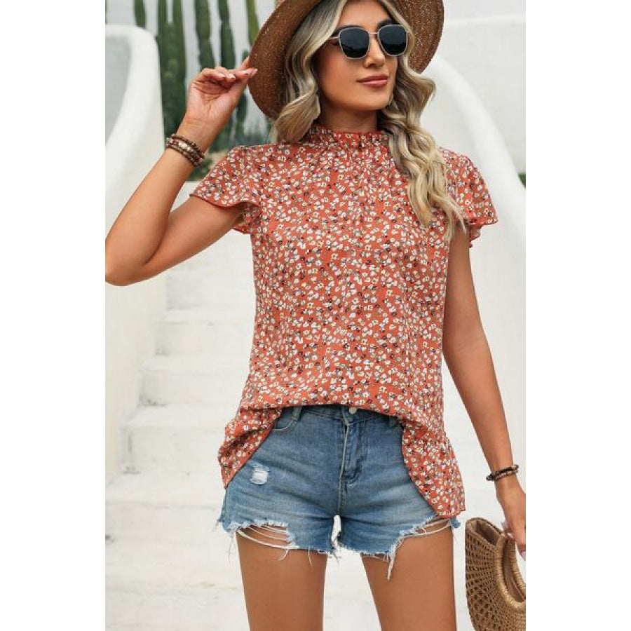 Ditsy Floral Mock Neck Short Sleeve T-Shirt Clothing