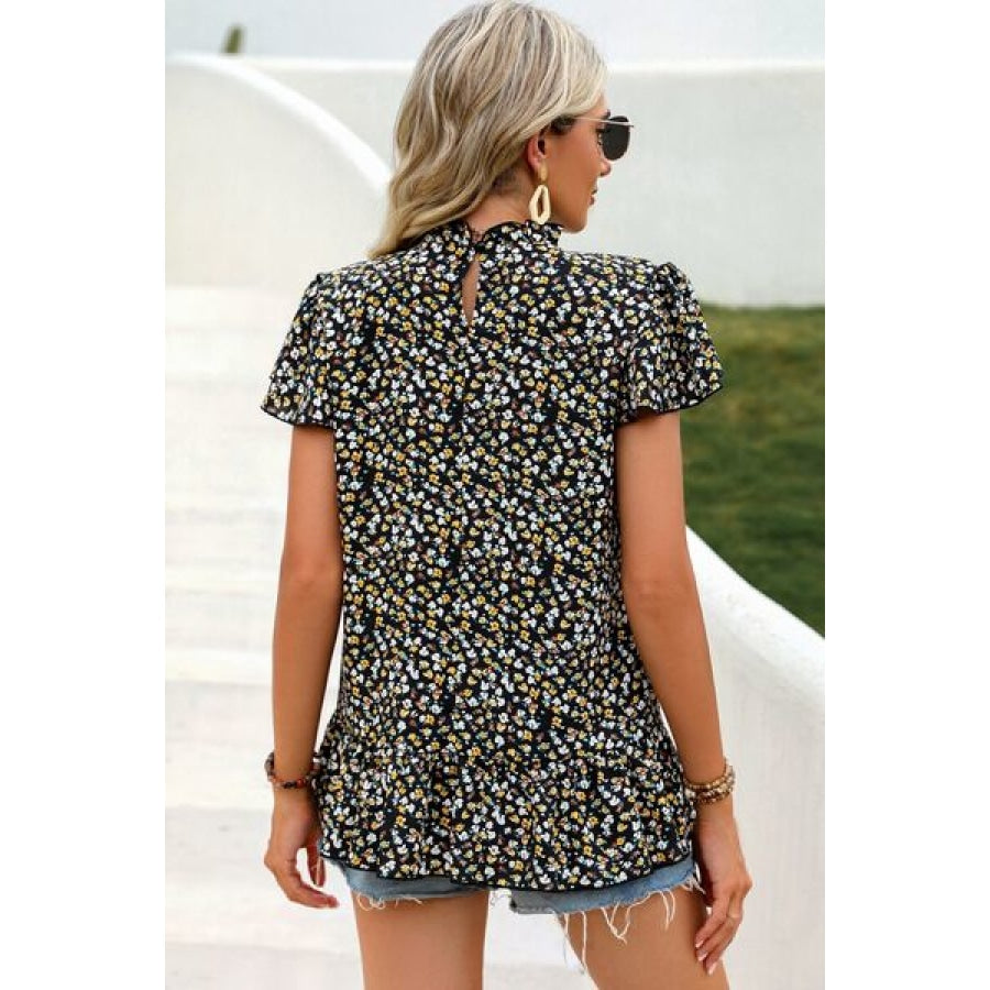 Ditsy Floral Mock Neck Short Sleeve T-Shirt Clothing