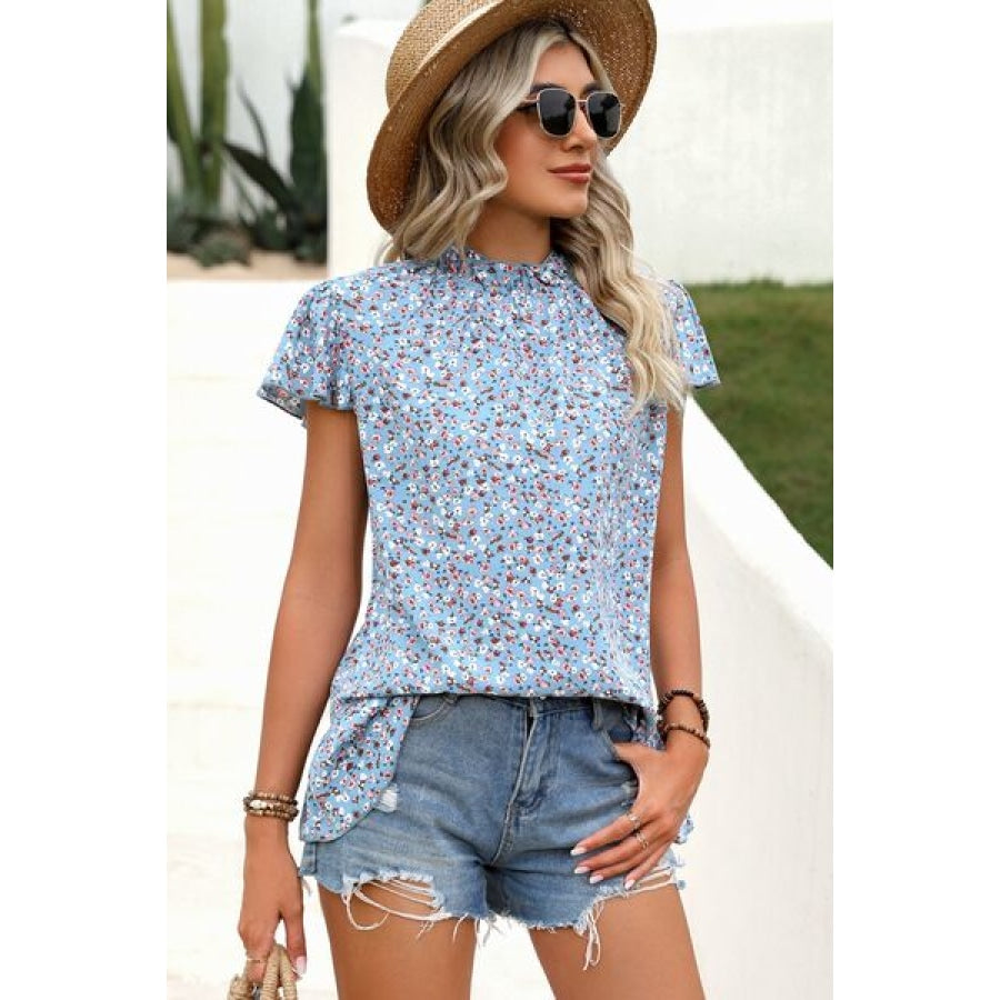 Ditsy Floral Mock Neck Short Sleeve T-Shirt Clothing