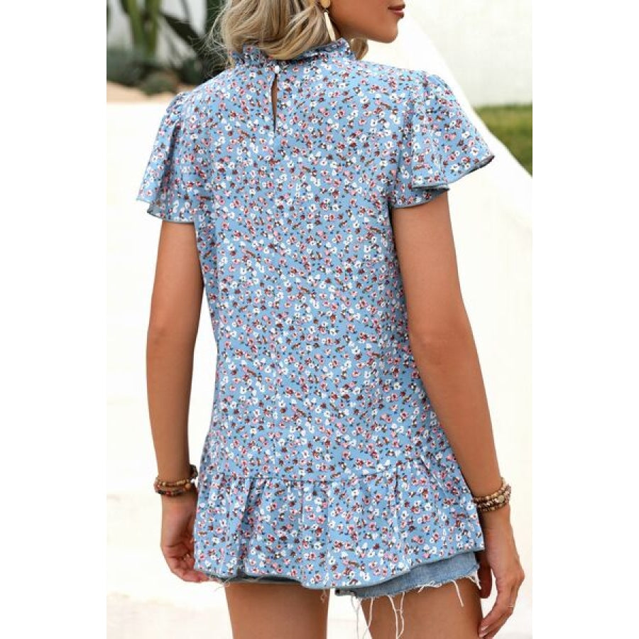 Ditsy Floral Mock Neck Short Sleeve T-Shirt Clothing