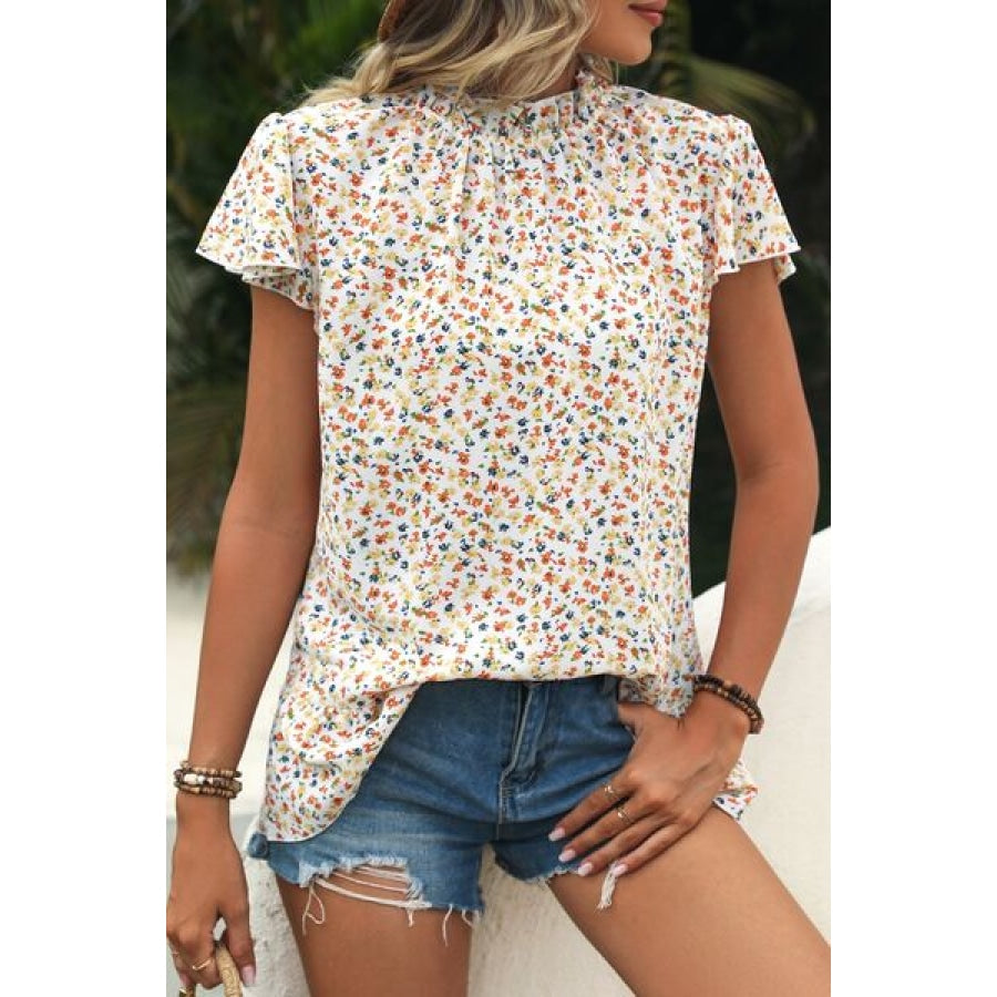 Ditsy Floral Mock Neck Short Sleeve T-Shirt Clothing