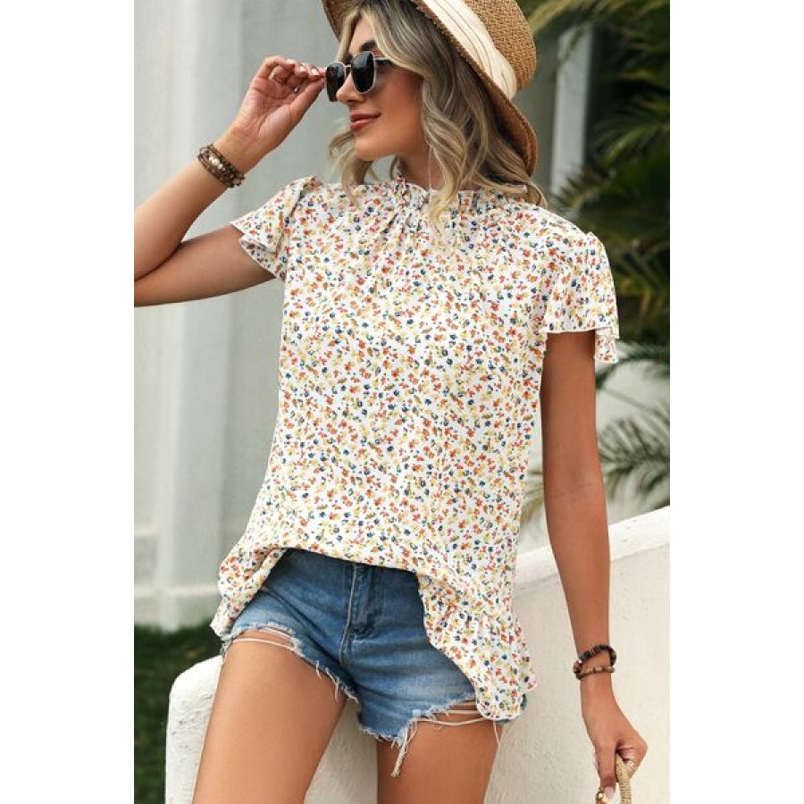 Ditsy Floral Mock Neck Short Sleeve T-Shirt Clothing