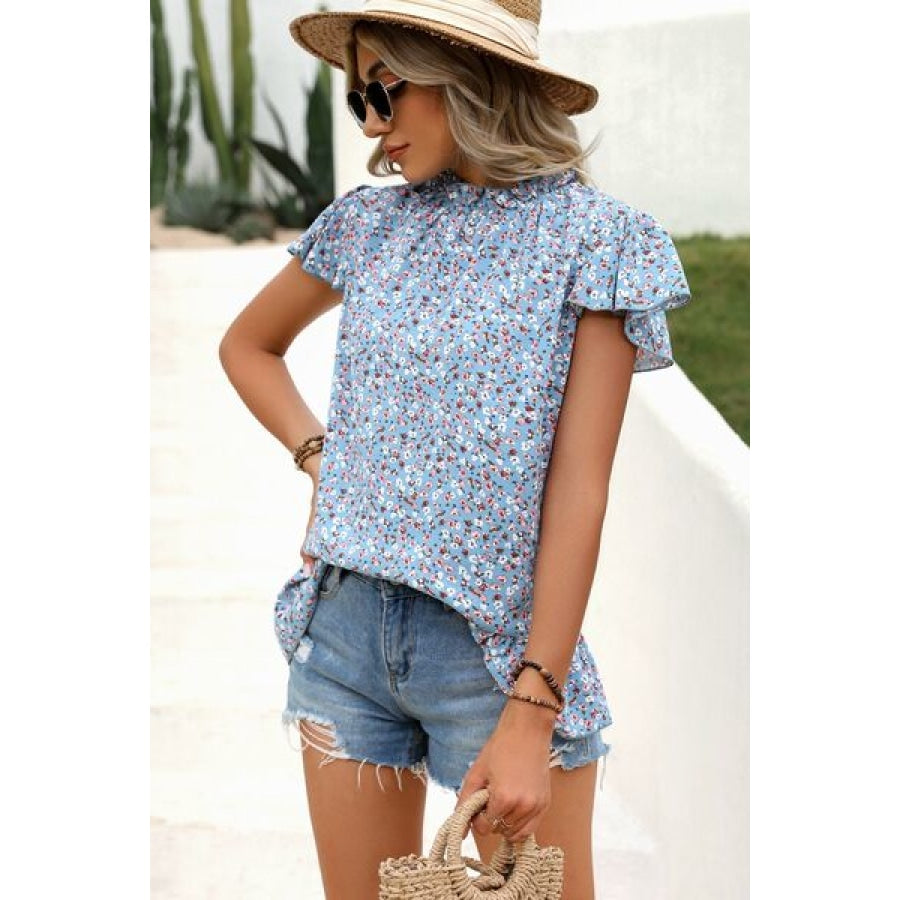 Ditsy Floral Mock Neck Short Sleeve T-Shirt Clothing