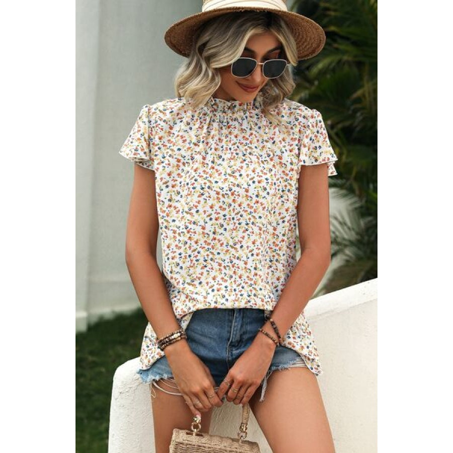 Ditsy Floral Mock Neck Short Sleeve T-Shirt Ivory / S Clothing