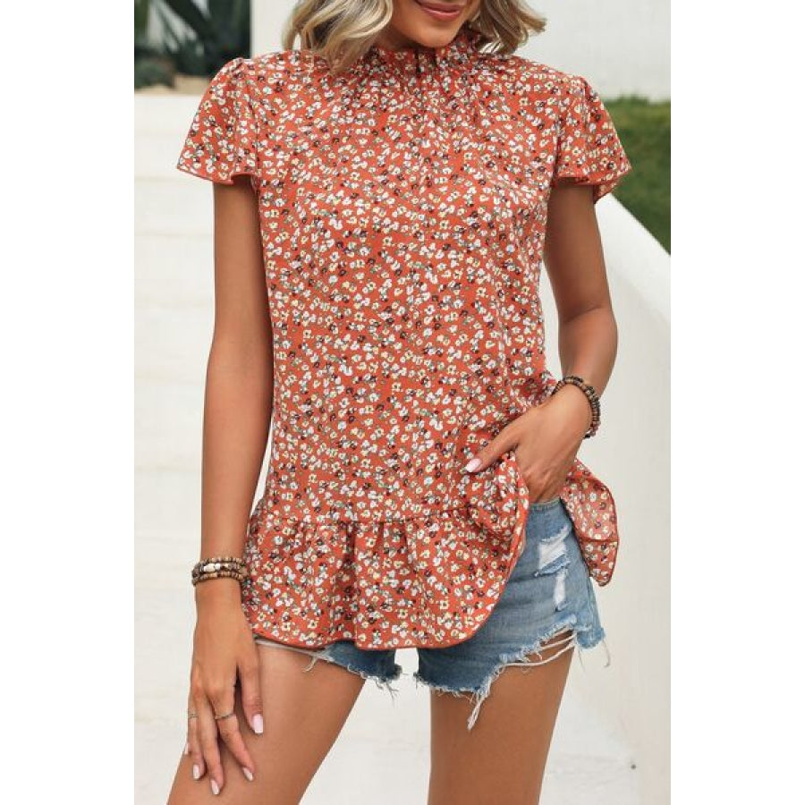 Ditsy Floral Mock Neck Short Sleeve T-Shirt Red Orange / S Clothing