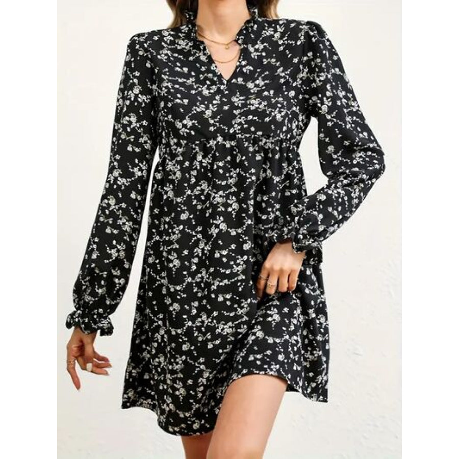 Ditsy Floral Notched Flounce Sleeve Dress Apparel and Accessories