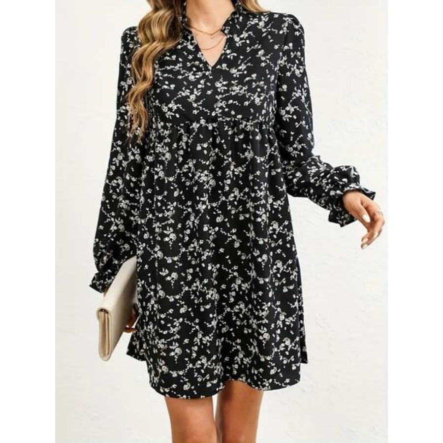 Ditsy Floral Notched Flounce Sleeve Dress Apparel and Accessories