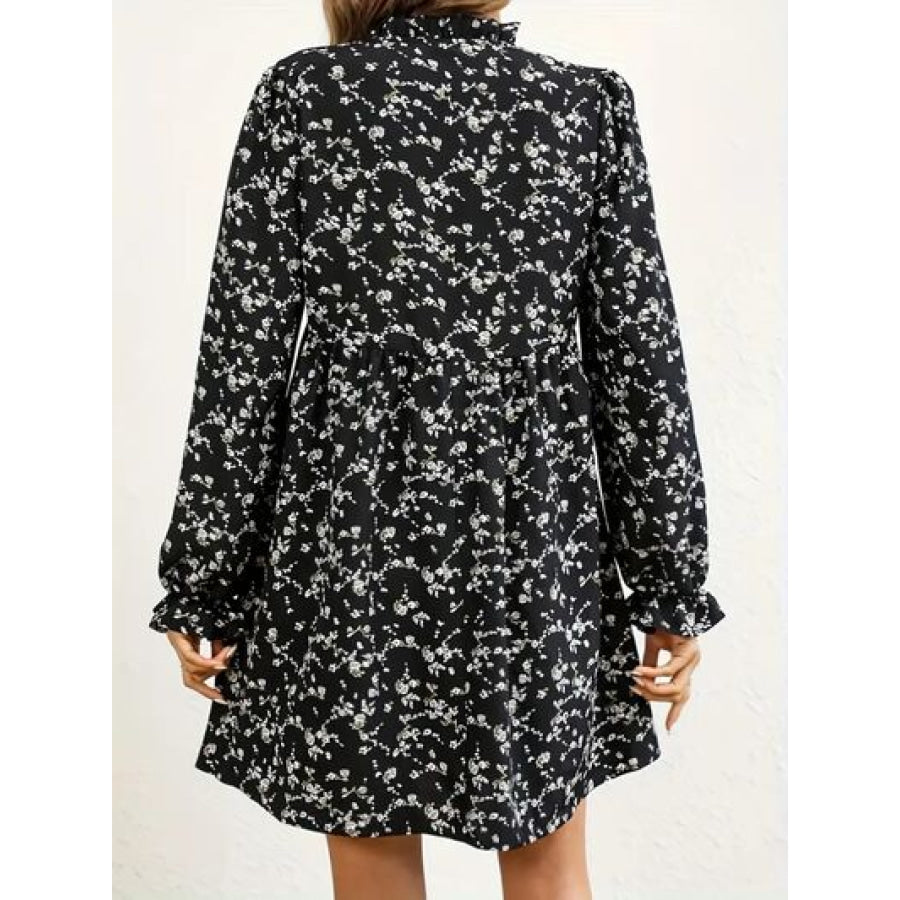 Ditsy Floral Notched Flounce Sleeve Dress Apparel and Accessories