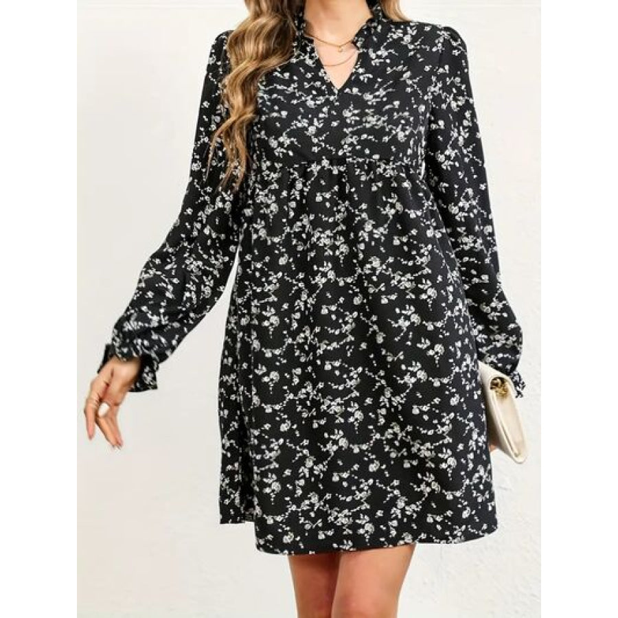 Ditsy Floral Notched Flounce Sleeve Dress Apparel and Accessories