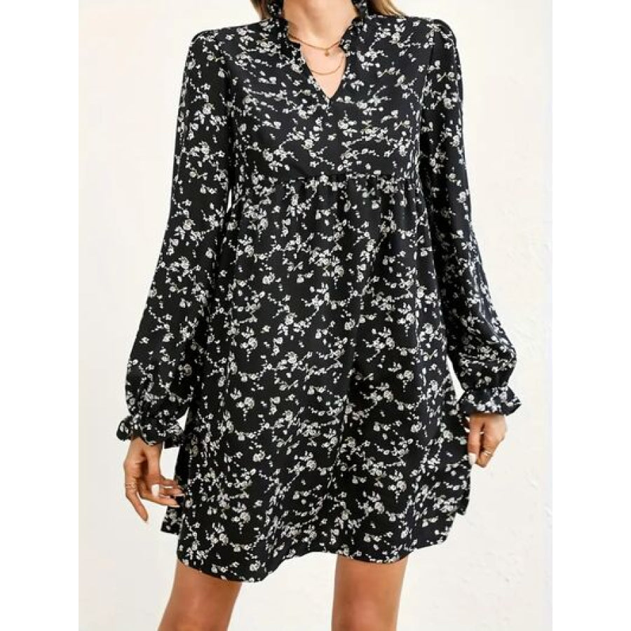 Ditsy Floral Notched Flounce Sleeve Dress Black / S Apparel and Accessories