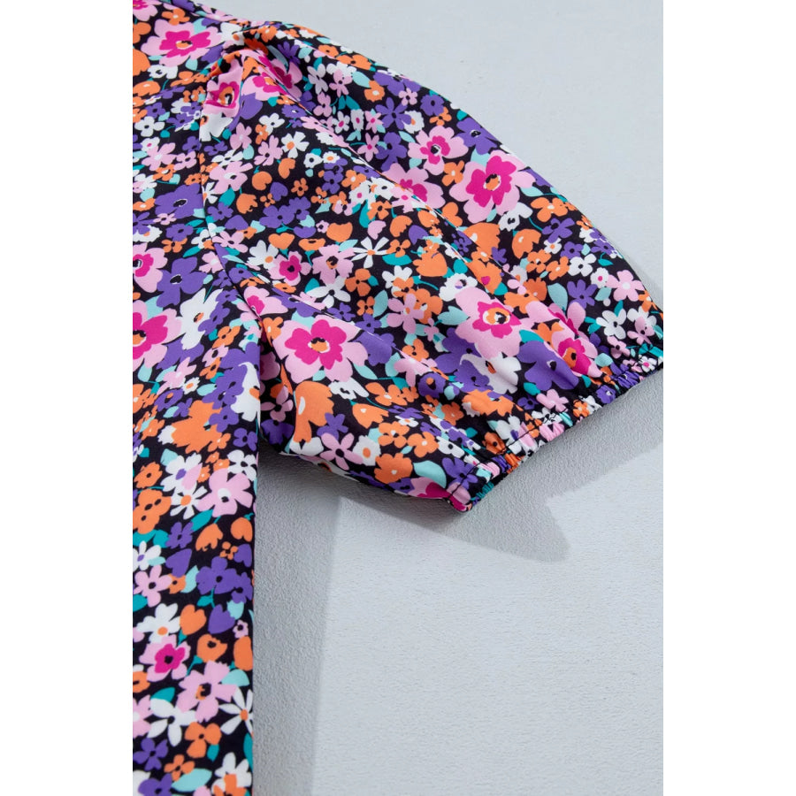 Ditsy Floral Print Plaid Colorblock Trim V Neck Blouse Apparel and Accessories