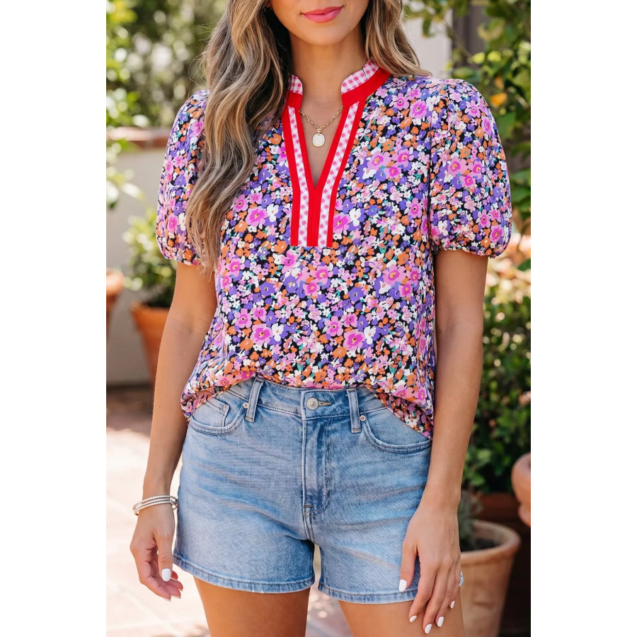Ditsy Floral Print Plaid Colorblock Trim V Neck Blouse Lilac / S Apparel and Accessories