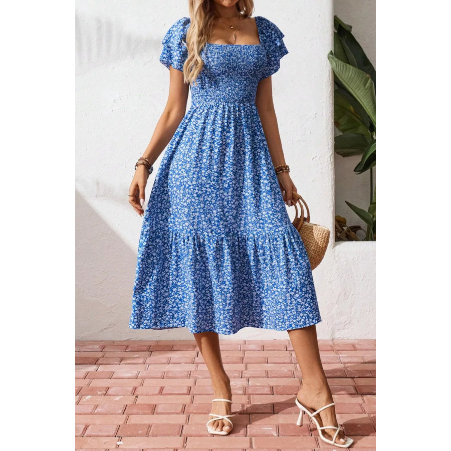 Ditsy Floral Print Smocked Square Neck Ruffle Short Sleeve Dress Apparel and Accessories