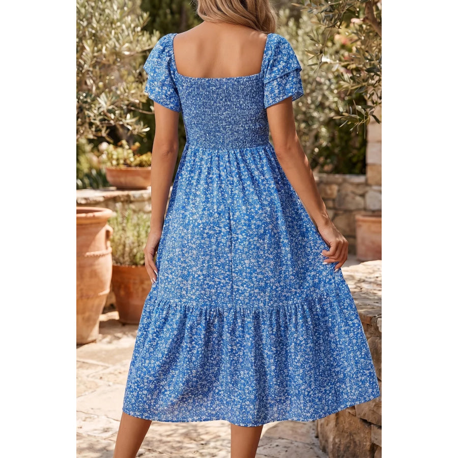 Ditsy Floral Print Smocked Square Neck Ruffle Short Sleeve Dress Apparel and Accessories