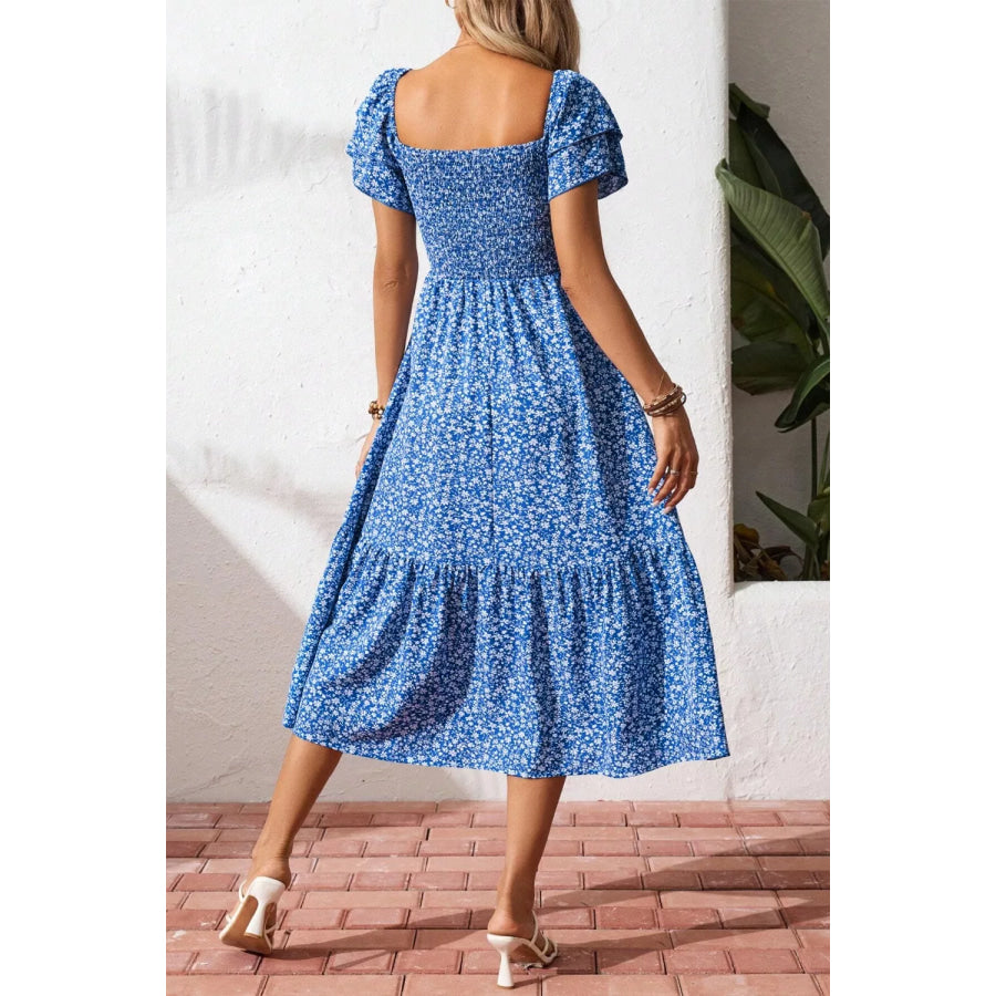 Ditsy Floral Print Smocked Square Neck Ruffle Short Sleeve Dress Apparel and Accessories