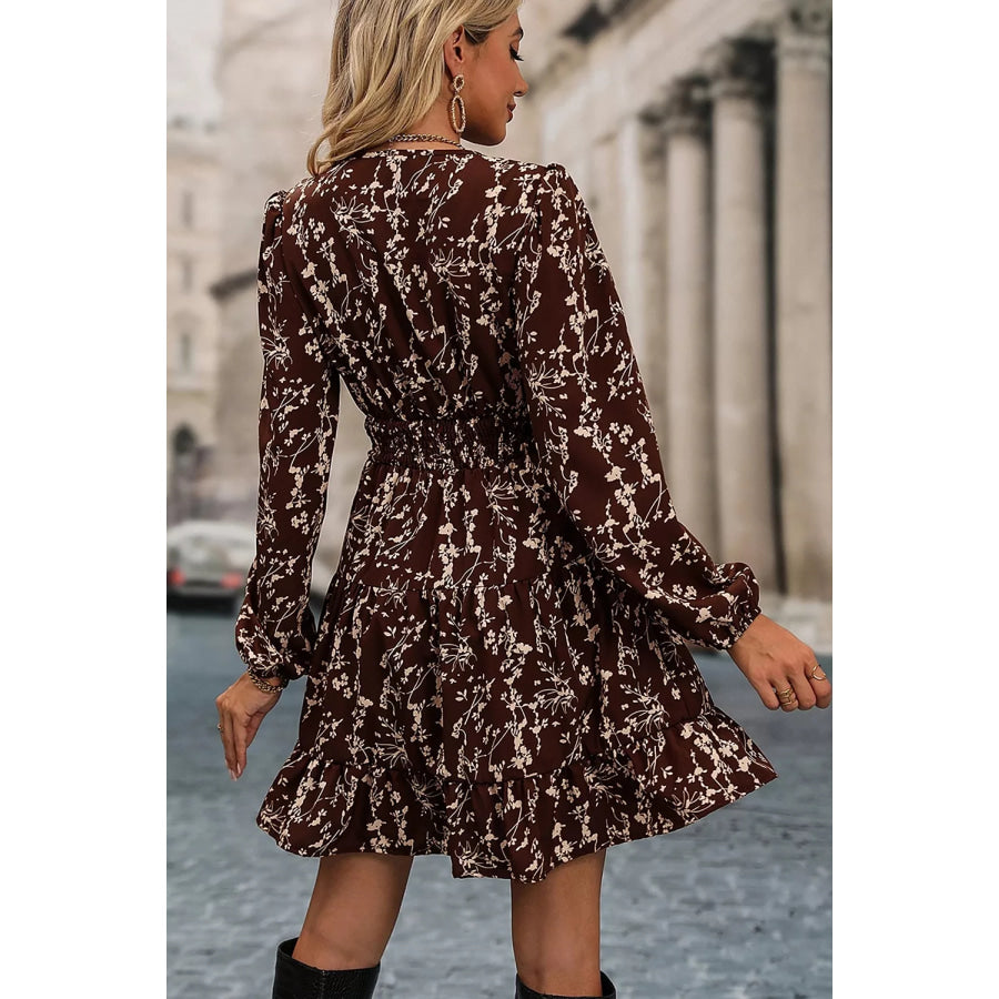 Ditsy Floral Print Split Neck Long Sleeve Shirred Waist Flared Mini Dress Apparel and Accessories