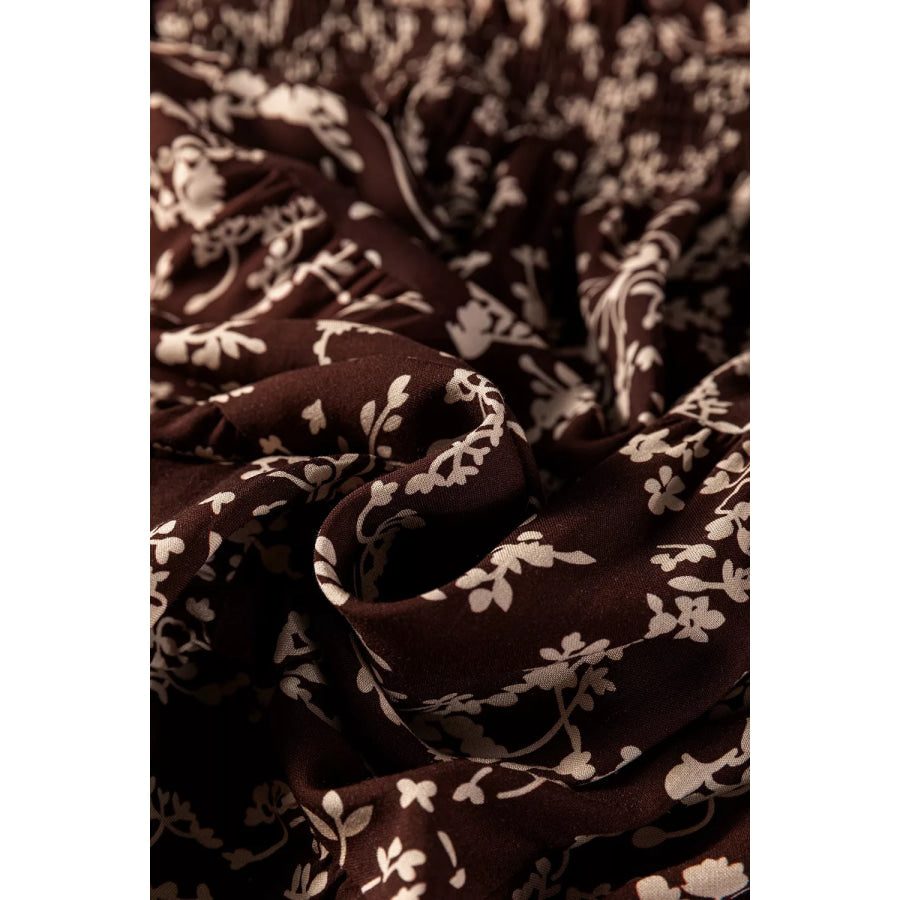Ditsy Floral Print Split Neck Long Sleeve Shirred Waist Flared Mini Dress Apparel and Accessories