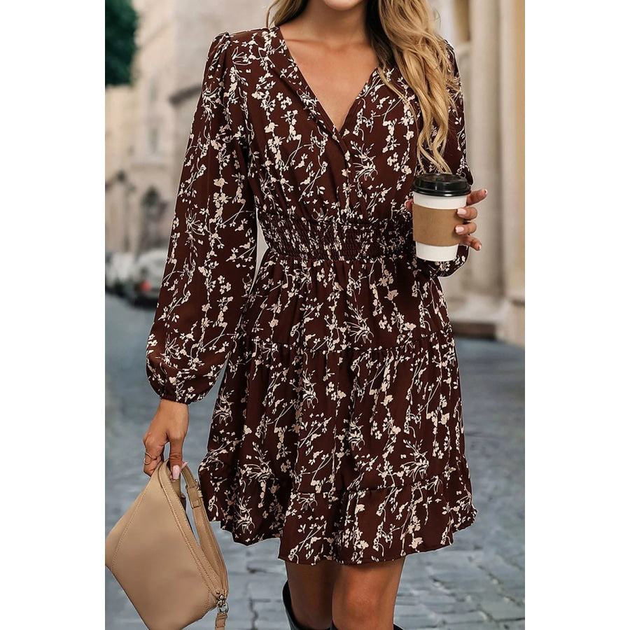 Ditsy Floral Print Split Neck Long Sleeve Shirred Waist Flared Mini Dress Apparel and Accessories