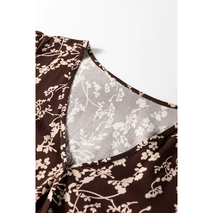 Ditsy Floral Print Split Neck Long Sleeve Shirred Waist Flared Mini Dress Apparel and Accessories