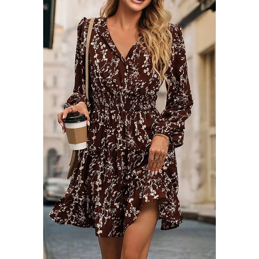 Ditsy Floral Print Split Neck Long Sleeve Shirred Waist Flared Mini Dress Apparel and Accessories