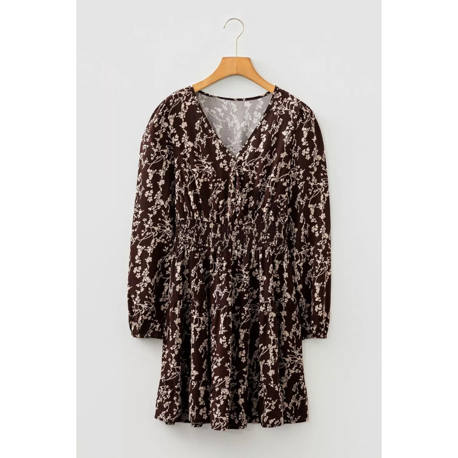 Ditsy Floral Print Split Neck Long Sleeve Shirred Waist Flared Mini Dress Apparel and Accessories