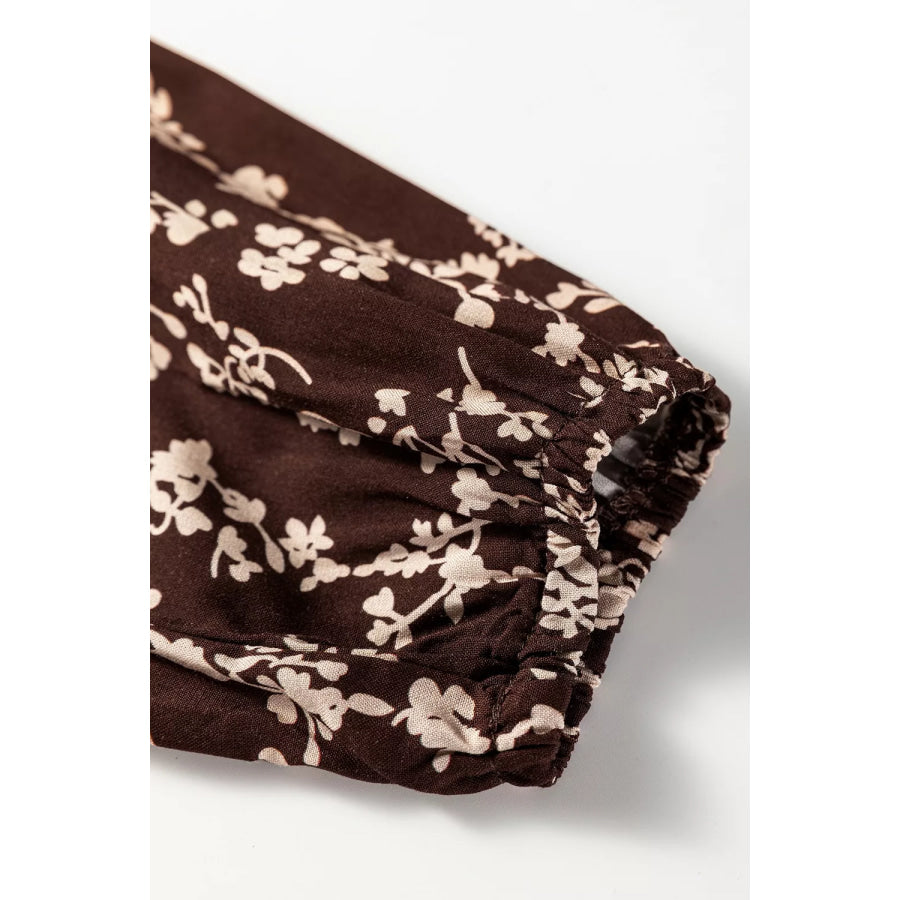 Ditsy Floral Print Split Neck Long Sleeve Shirred Waist Flared Mini Dress Apparel and Accessories