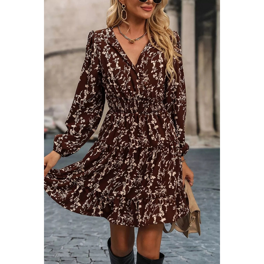 Ditsy Floral Print Split Neck Long Sleeve Shirred Waist Flared Mini Dress Apparel and Accessories