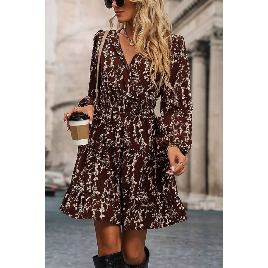 Ditsy Floral Print Split Neck Long Sleeve Shirred Waist Flared Mini Dress Apparel and Accessories
