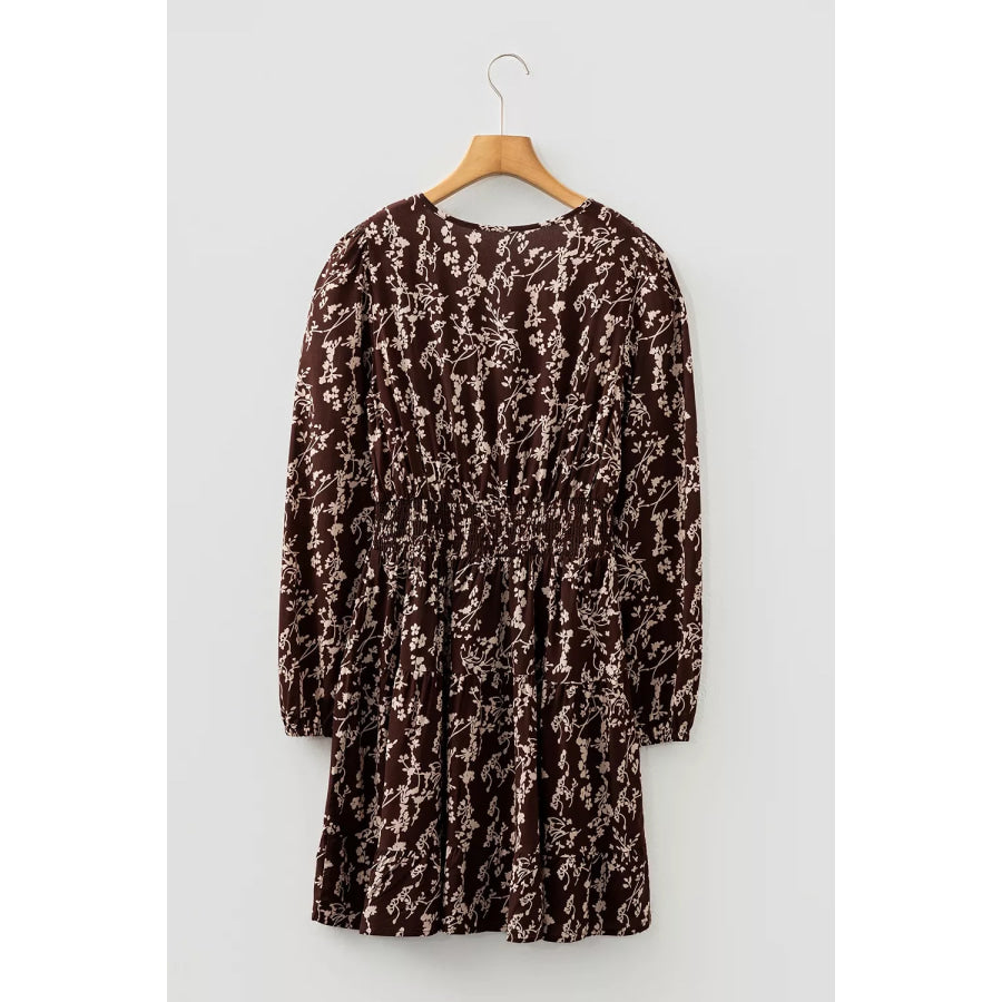 Ditsy Floral Print Split Neck Long Sleeve Shirred Waist Flared Mini Dress Apparel and Accessories