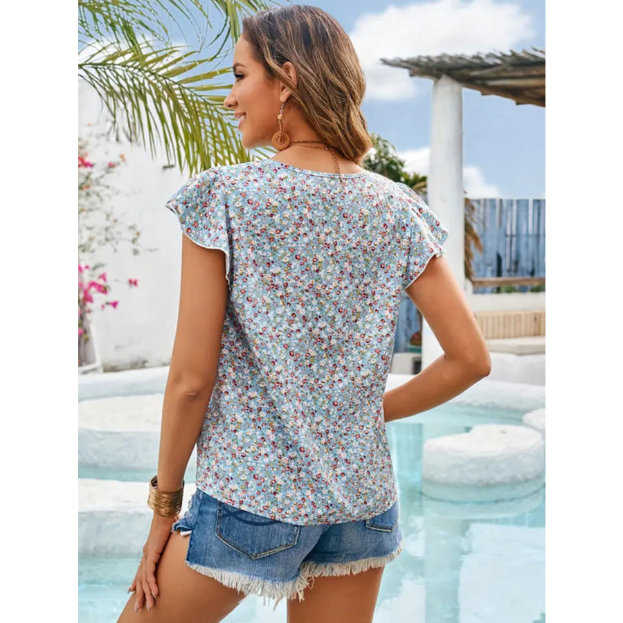 Ditsy Floral Round Neck Cap Sleeve Top Light Blue / S Apparel and Accessories