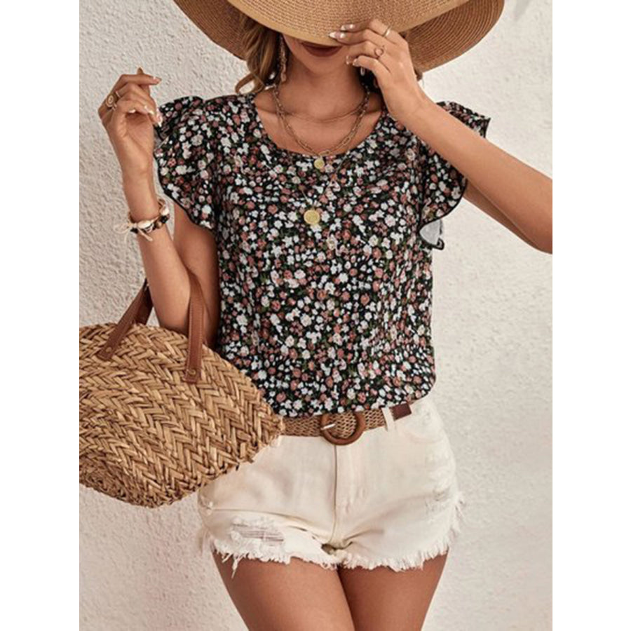 Ditsy Floral Round Neck Cap Sleeve Top Apparel and Accessories