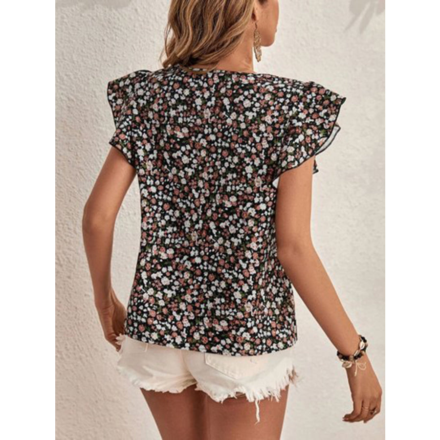 Ditsy Floral Round Neck Cap Sleeve Top Apparel and Accessories