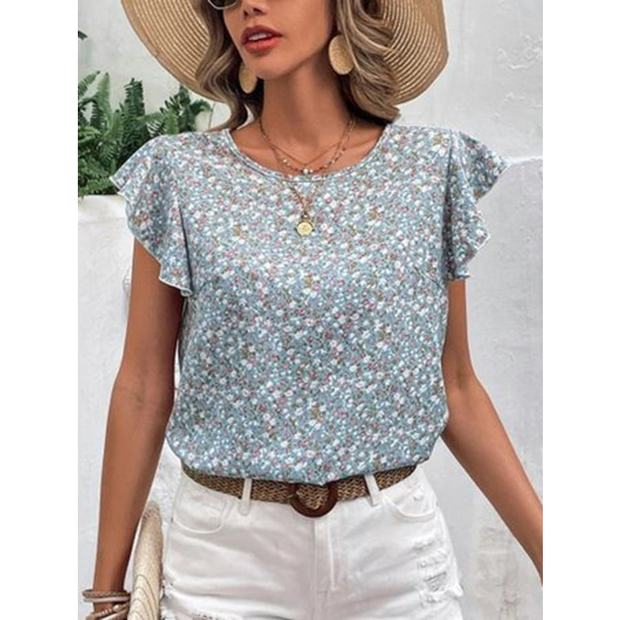 Ditsy Floral Round Neck Cap Sleeve Top Apparel and Accessories