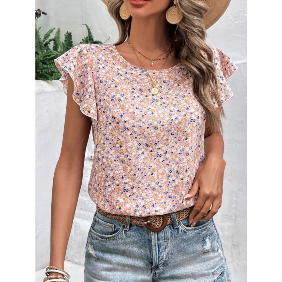 Ditsy Floral Round Neck Cap Sleeve Top Apparel and Accessories