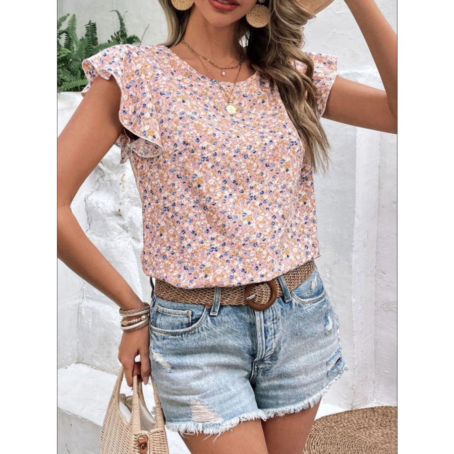 Ditsy Floral Round Neck Cap Sleeve Top Apparel and Accessories