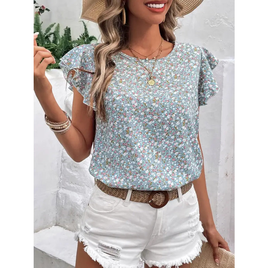 Ditsy Floral Round Neck Cap Sleeve Top Light Blue / S Apparel and Accessories